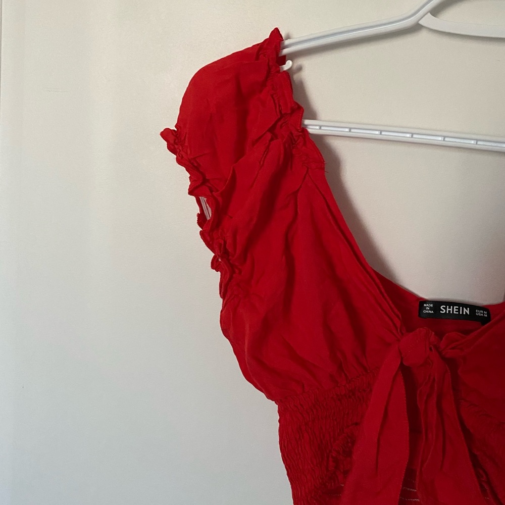 Red Cropped Tie-front Shirt